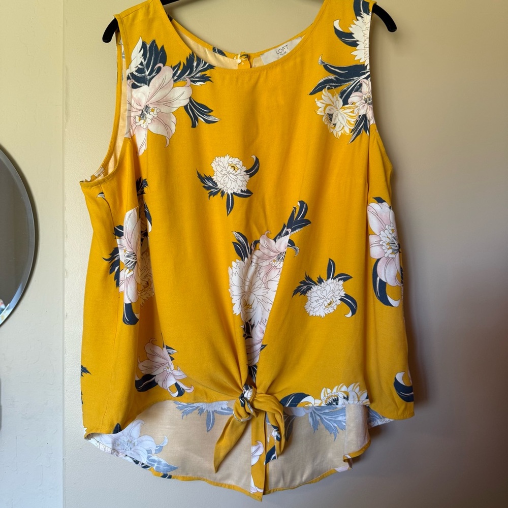 LOFT Yellow Floral Tie Front Tank Top